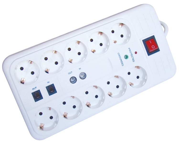 Przedłużacz 10gn. z ochroną przep. i nadpr.+konc+tel bolec 10×SCHUKO, 3m, max.16A, 250VAC, 3680W, H05VV-F HNKTM10-3M-KT Tracon Electric