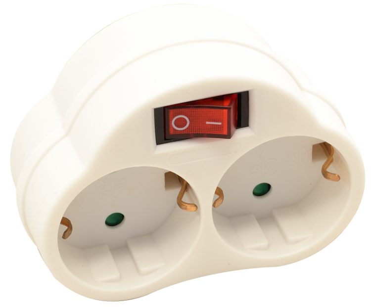 Adapter z podwójnym gniazdem z przełącznikiem, biały 2×SCHUKO, 250 VAC, 16 A, max. 3680 W KACS2 Tracon Electric