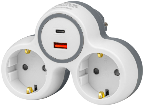 Rozgałęźnik wielogniazdowy SCHUKO, USBC+USBA, szary + biały 2×SCHUKO, max.16A, 230VAC, 3680W, PP, USB-A+C:5V, 3,4A 17.0W TND2-USBAC Tracon Electric