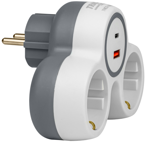 Rozgałęźnik wielogniazdowy SCHUKO, USBC+USBA, szary + biały 2×SCHUKO, max.16A, 230VAC, 3680W, PP, USB-A+C:5V, 3,4A 17.0W TND2-USBAC Tracon Electric