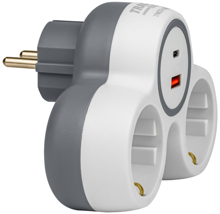 Rozgałęźnik wielogniazdowy SCHUKO, USBC+USBA, szary + biały 2×SCHUKO, max.16A, 230VAC, 3680W, PP, USB-A+C:5V, 3,4A 17.0W TND2-USBAC Tracon Electric