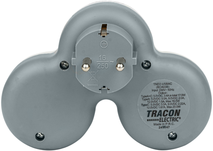 Rozgałęźnik wielogniazdowy SCHUKO, USBC+USBA, szary + biały 2×SCHUKO, max.16A, 230VAC, 3680W, PP, USB-A+C:5V, 3,4A 17.0W TND2-USBAC Tracon Electric