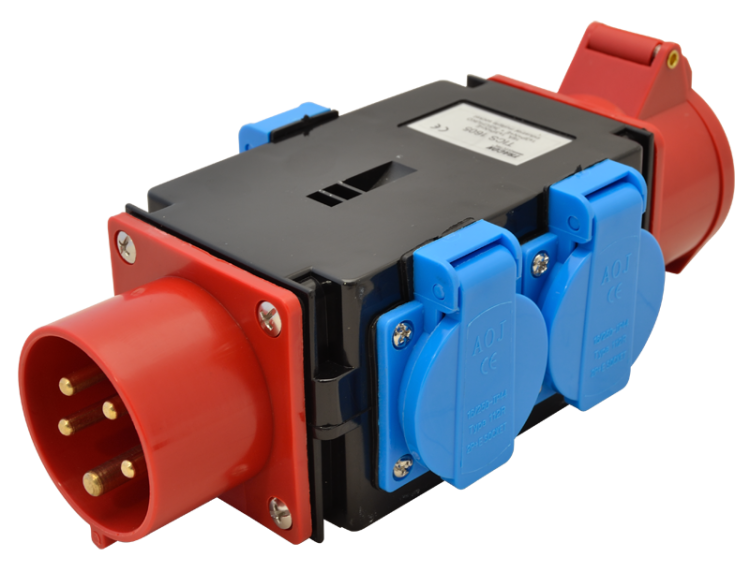 Wielofunkcyjny rozgałęziacz przemysłowy 16A, IN/OUT 3P+N+E 6h, OUT 3x2P+E (Schuko), IP44 TICS-1605 Tracon Electric