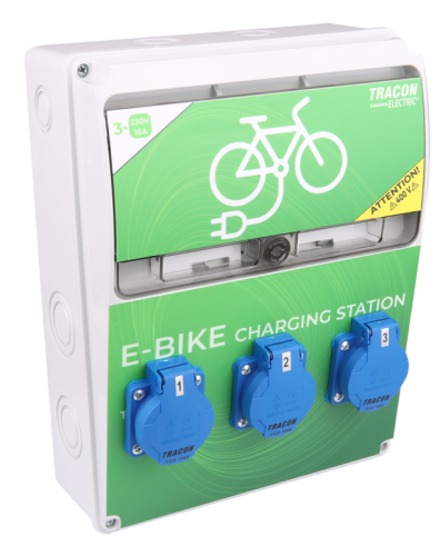 Stacja ładowania rowerów elektrycznych z zabezpieczeniem Prot.:RCCB,MCB,Out:3×SCHUKO TBCS01 Tracon Electric