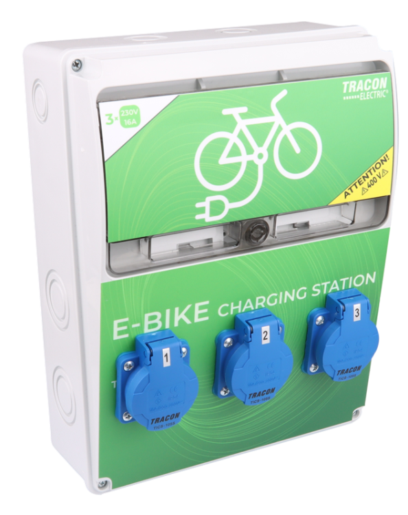 Stacja ładowania rowerów elektrycznych z zabezpieczeniem Prot.:RCCB,MCB,Out:3×SCHUKO TBCS01 Tracon Electric