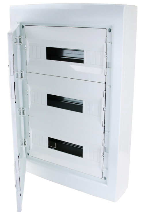 Rozdzielnica natynkowa z białymi płaskimi drzwiami, plastik 3×18 (54) modul, IP40, (H×W×D=670×464×120mm) EDFKSN-18/3 Tracon Electric