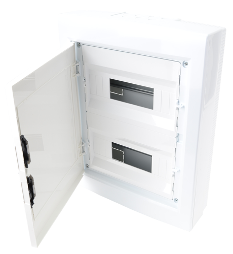 Rozdzielnica natynkowa z białymi płaskimi drzwiami, szyna N/ 2×12 (24) modul, IP40, (H×W×D=415×330×100mm) EDFKSN-12/2 Tracon Electric