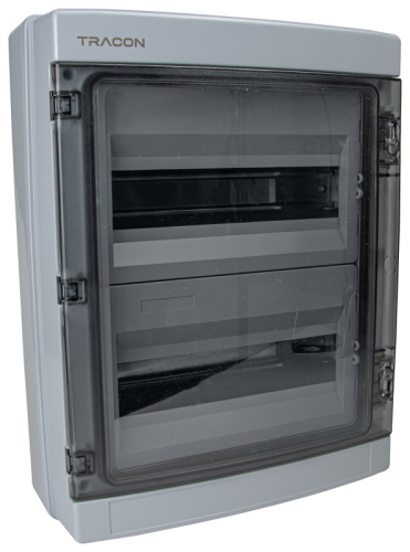 Rozdzielnica natynkowa, przeźroczyste drzwi, szyna N/PE 2×12 mod, H×W×D=420×323.5×139.5mm, IP65,1000 VAC,1500 VDC EDFKIP65N122 Tracon Electric