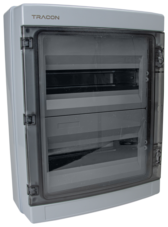 Rozdzielnica natynkowa, przeźroczyste drzwi, szyna N/PE 2×12 mod, H×W×D=420×323.5×139.5mm, IP65,1000 VAC,1500 VDC EDFKIP65N122 Tracon Electric