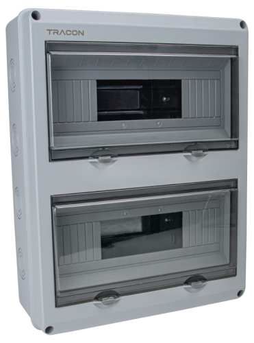 Rozdzielnica natynkowa, przeźroczyste drzwi, szyna N/PE 2×12 mod, H×W×D=356.16×275.51×106.2mm, IP65,1000VAC,1500 VDC EDFKIP65U122 Tracon Electric