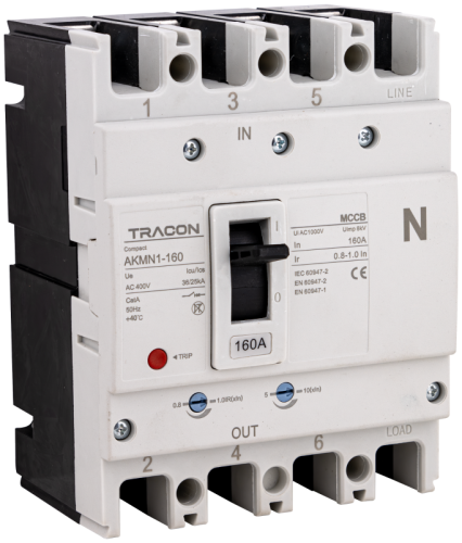 Wyłącznik kompaktowy 4P,160A,Ir=(0,8-1,0)In,400/415V, 50/60Hz, Icu=36kA, Ics=25kA AKMN1-160 Tracon Electric