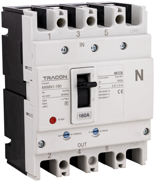 Wyłącznik kompaktowy 4P,160A,Ir=(0,8-1,0)In,400/415V, 50/60Hz, Icu=36kA, Ics=25kA AKMN1-160 Tracon Electric