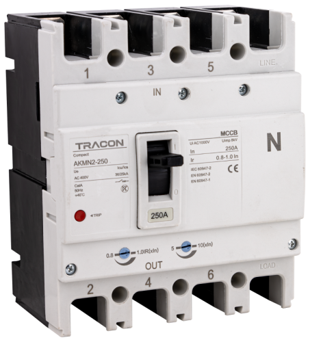 Wyłącznik kompaktowy 4P,250A,Ir=(0,8-1,0)In,400/415V, 50/60Hz, Icu=36kA, Ics=25kA AKMN2-250 Tracon Electric