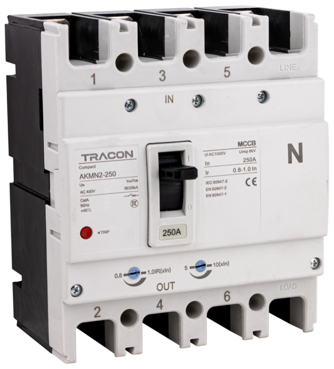 Wyłącznik kompaktowy 4P,250A,Ir=(0,8-1,0)In,400/415V, 50/60Hz, Icu=36kA, Ics=25kA AKMN2-250 Tracon Electric