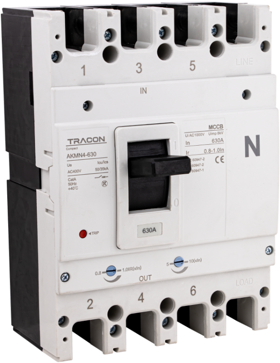 Wyłącznik kompaktowy 4P,630A,Ir=(0,8-1,0)In,400/415V, 50/60Hz, Icu=50kA, Ics=35kA AKMN4-630 Tracon Electric