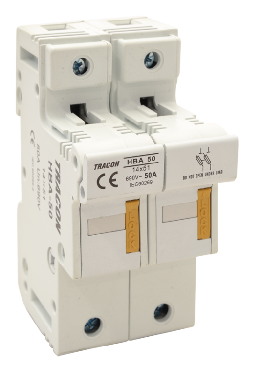 Modułowa podstawa bezpieczników cylindrycznych 50A, 14x51mm; Un=230V/400V HBA-2P-50 Tracon Electric