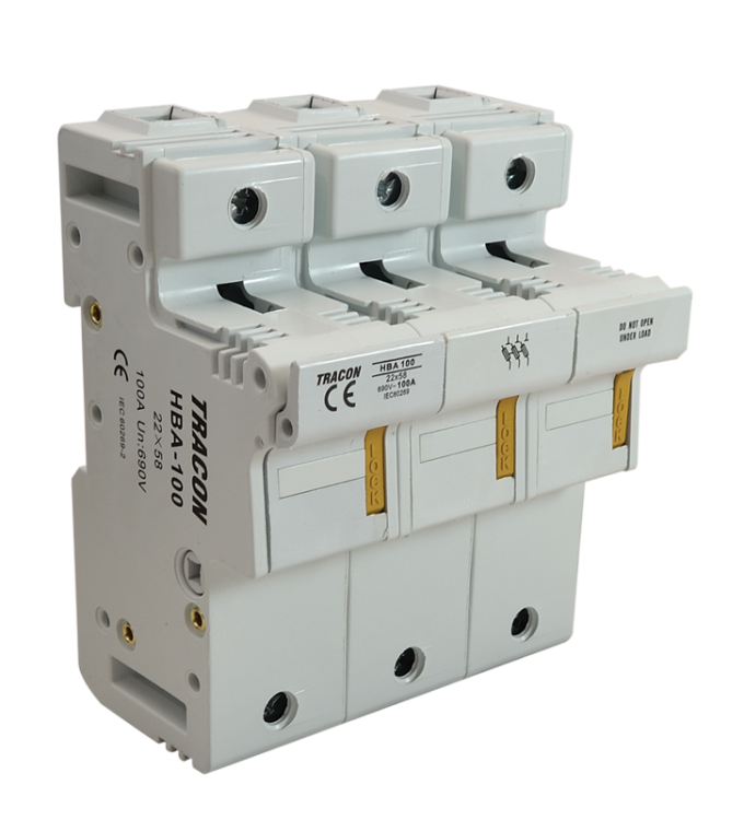 Modułowa podstawa bezpieczników cylindrycznych 100A, 22x58mm; Un=230V/400V HBA-3P-100 Tracon Electric