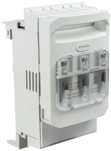 Rozłącznik bezp., szyna zb., poziomy, wejście z dołu, płaski AC 400V, 160A, 100 kA; AC 690V, 100A, 50 kA; 3P,NH00,60mm,M8 DSH00-3-60B Tracon Electric