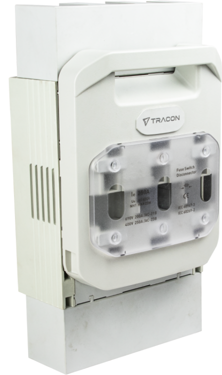 Rozłącznik bezp., szyna zb., poziomy, wejście z dołu, płaski AC 400V, 250A, 100kA; AC690V, 200A, 50kA; 3P, NH1, 60mm, M10 DSH1-3-60T Tracon Electric
