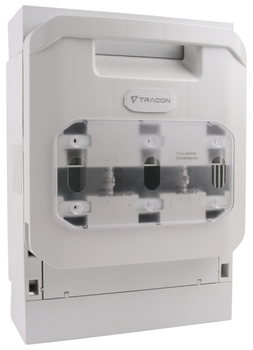Rozłącznik bezp., szyna zb., poziomy, wejście z dołu, płaski AC 400V, 630A, 100 kA; AC 690V, 500A, 50 kA; 3P,NH3,60mm,M12 DSH3-3-60T Tracon Electric