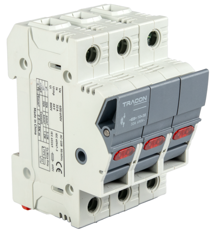 Odłącznik do bezpiecznika cylindrycznego, możl. maskowania 32A, 10x38mm, Un=400V/690V, AC22B, 3P, LED CFBL3P32 Tracon Electric