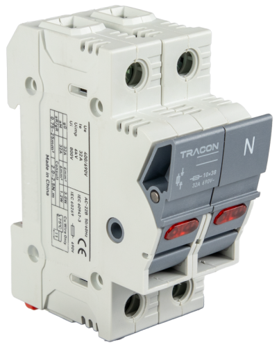 Odłącznik do bezpiecznika cylindrycznego, możl. maskowania 32A, 10x38mm, Un=400V/690V, 1P+N right, LED CFBL1P+N32 Tracon Electric