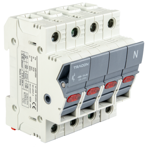 Odłącznik do bezpiecznika cylindrycznego, możl. maskowania 32A, 10x38mm, Un=400V/690V, AC22B, 3P+N right, LED CFBL3P+N32 Tracon Electric