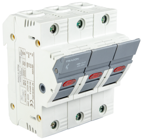 Odłącznik do bezpiecznika cylindrycznego, możl. maskowania 50A, 14x51mm, Un=400V/690V, AC22B, 3P, LED CFBL3P50 Tracon Electric
