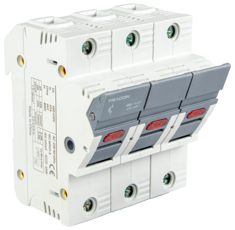 Odłącznik do bezpiecznika cylindrycznego, możl. maskowania 50A, 14x51mm, Un=400V/690V, AC22B, 3P, LED CFBL3P50 Tracon Electric