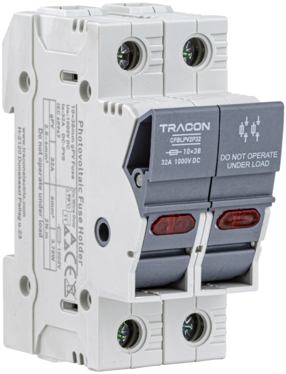 Odłącznik do bezpiecznika cylindrycznego, PV 32A, 10×38, Un=1000VDC, Ui=6kV, 20kA, DC-PV0, IP20, 2P, LED CFBLPV2P32 Tracon Electric