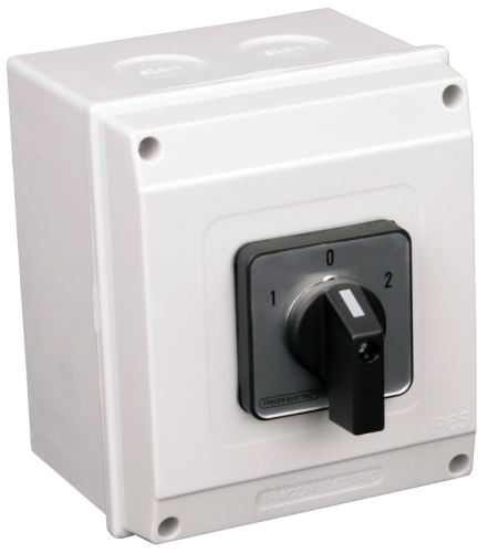 Przełącznik wyboru w obudowie, 1-0-2 400V, 50Hz, 25A, 2×4P, 7,5kW, 48×48mm, 60°, IP65 TKV-256/4T65 Tracon Electric