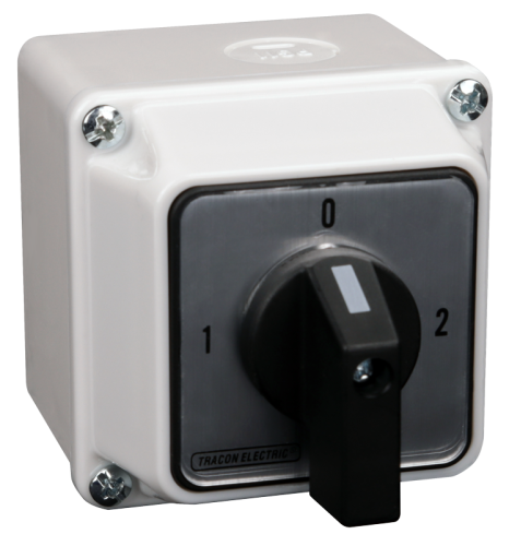 Przełącznik wyboru z obudową, 1-0-2 400V, 50Hz, 20A, 2×3P, 5,5kW, 48×48mm, 90°, IP65 TKV-209/3T65 Tracon Electric
