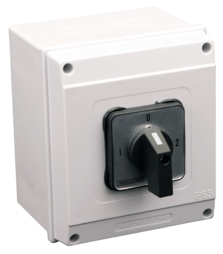 Przełącznik wyboru w obudowie, 1-0-2 400V, 50Hz, 63A, 2×3P, 18,5kW, 64×64mm, 90°, IP65 TKV-639/3T65 Tracon Electric