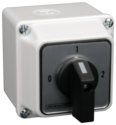 Przełącznik wyboru z obudową, 0-1-2 400V, 50Hz, 20A, 2×3P, 5,5kW, 48×48mm, 90°, IP65 TKB-209/3T65 Tracon Electric