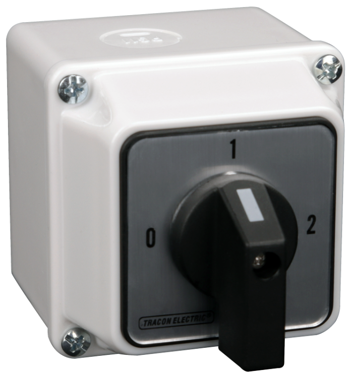 Przełącznik wyboru z obudową, 0-1-2 400V, 50Hz, 32A, 2×3P, 11kW, 64×64mm, 90°, IP65 TKB-329/3T65 Tracon Electric
