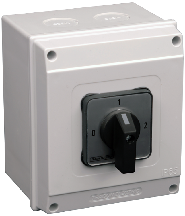 Przełącznik wyboru w obudowie, 0-1-2 400V, 50Hz, 20A, 2×4P, 5,5kW, 48×48mm, 90°, IP65 TKB-209/4T65 Tracon Electric