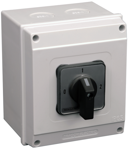 Przełącznik wyboru w obudowie, 0-1-2 400V, 50Hz, 25A, 2×4P, 7,5kW, 48×48mm, 90°, IP65 TKB-259/4T65 Tracon Electric