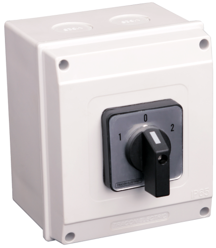 Bezpośredni wyłącznik silnikowy w obud. zm. kierunku 1-0-3 400V, 50Hz, 63A, 18,5kW, 64×64mm, IP65 TKM-63/NT65 Tracon Electric