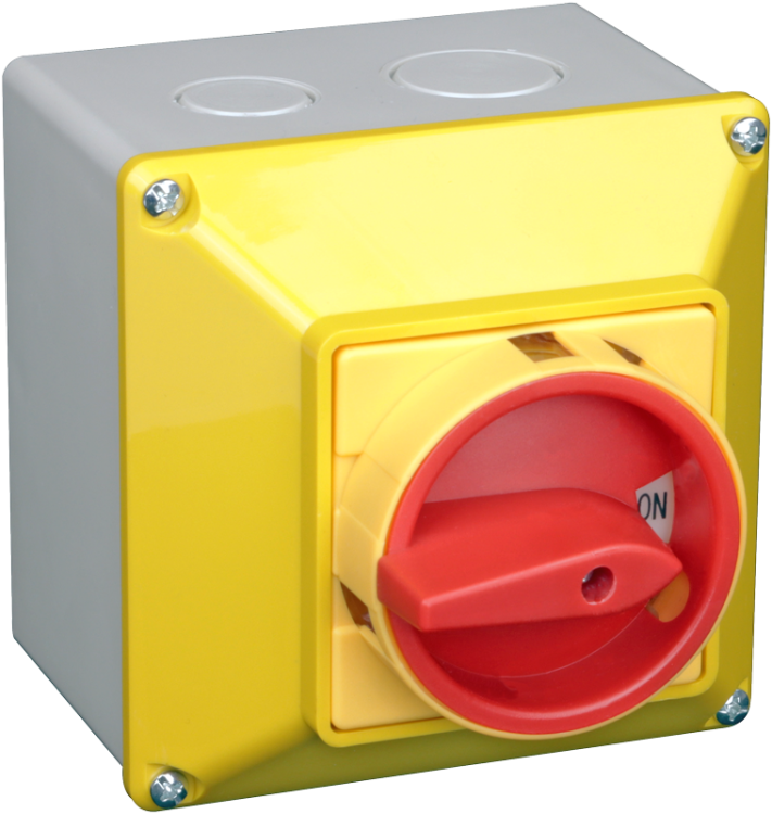 Wyłącznik główny z obudową, z blokadą, żółta pokr., WŁ-WYŁ 400V, 50Hz, 25A, 4P, 7,5kW, 48×48mm, IP44 TKFL-25TS Tracon Electric