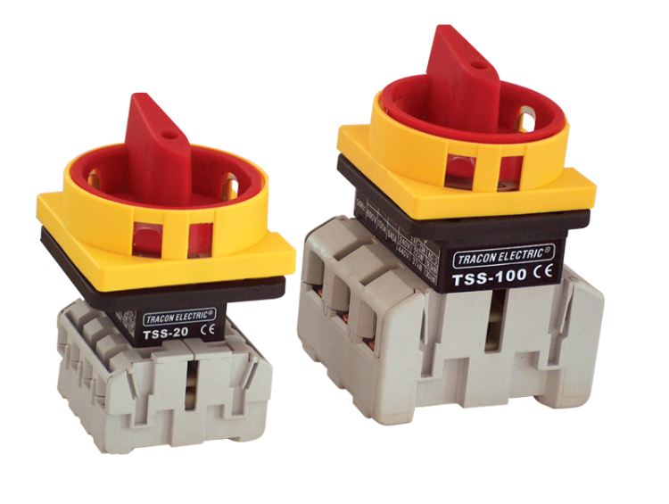 Rozłącznik bezpieczeństwa z blokadą na szynę z obudową,żółty 400V, 50Hz, 40A, 3P, 11kW, 64×64mm, IP44 TSS-40/3TS Tracon Electric