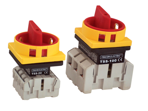 Rozłącznik bezpieczeństwa z blokadą na szynę z obudową,żółty 400V, 50Hz, 40A, 3P, 11kW, 64×64mm, IP65 TSS-40/3T65S Tracon Electric