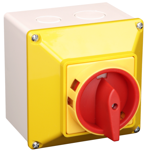 Rozłącznik bezpieczeństwa z blokadą na szynę z obudową,żółty 400V, 50Hz, 40A, 4P, 11kW, 64×64mm, IP44 TSS-40/4TS Tracon Electric