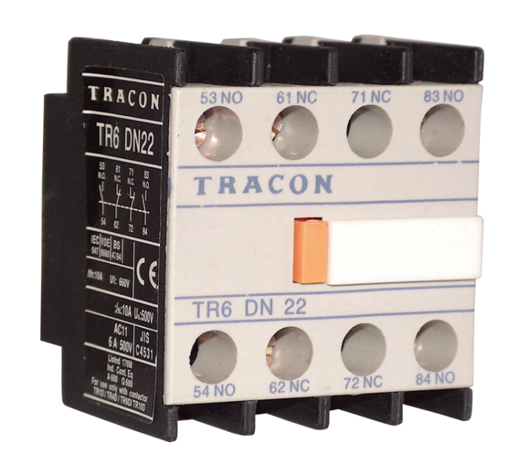Przedni styk pomocniczy do styczników TR1D/F oraz TR1E 230V, 50Hz, 2A, 4×NO TR6DN40 Tracon Electric