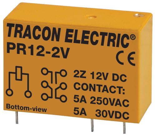 Przekaźnik PCB 12V DC / 2×CO (5A, 230V AC / 30V DC) PR12-2V Tracon Electric