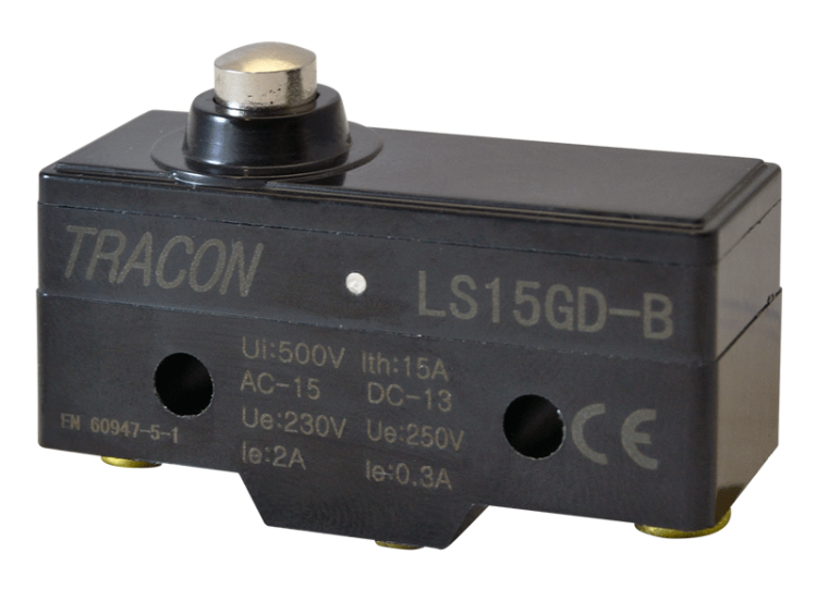 Wyłącznik krańcowy, krótki trzpień, ze zderzakiem 1xCO, 2A/230V AC-15, 0,3A/250V DC-13, IP00 LS15GD-B Tracon Electric