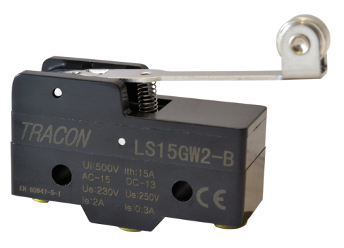 Wyłącznik krańcowy, z dźwignią sprężynową i rolką 1xCO, 2A/230V AC-15, 0,3A/250V DC-13, 35mm, IP00 LS15GW2-B Tracon Electric