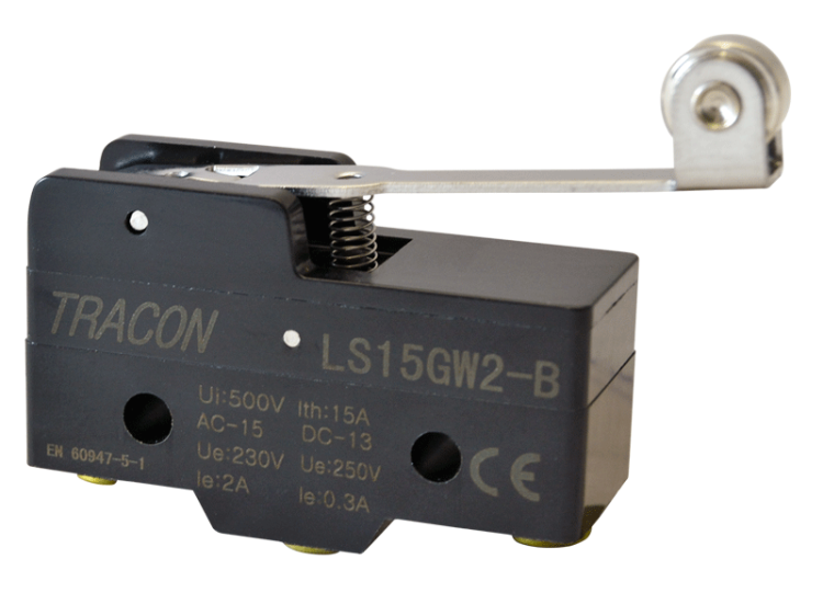 Wyłącznik krańcowy, z dźwignią sprężynową i rolką 1xCO, 2A/230V AC-15, 0,3A/250V DC-13, 35mm, IP00 LS15GW2-B Tracon Electric
