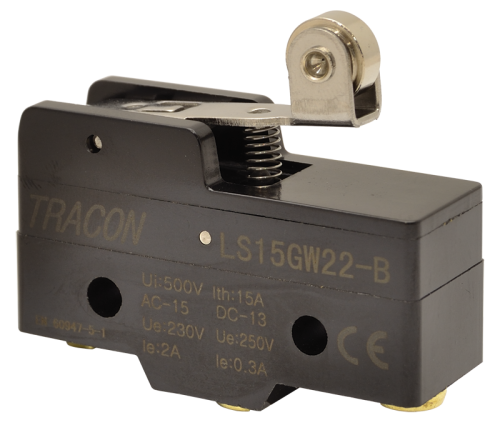 Wyłącznik krańcowy, z dźwignią sprężynową i rolką 1xCO, 2A/230V AC-15, 0,3A/250V DC-13, 19mm, IP00 LS15GW22-B Tracon Electric