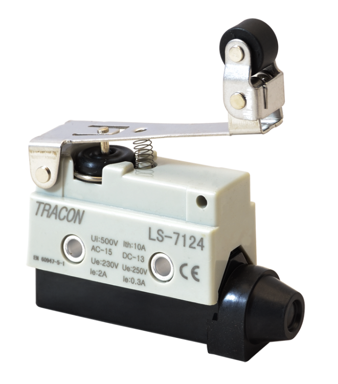 Wyłącznik krańcowy, z dźwignią sprężynową i rolką przegubową 1xCO,2A/230V AC-15, 0,3A/250V DC-13, 65mm, IP40 LS7124 Tracon Electric