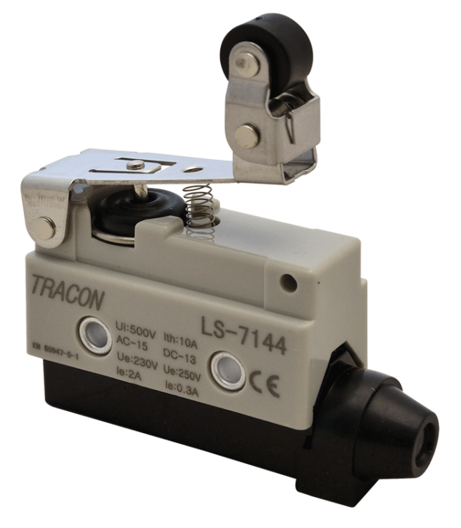 Wyłącznik krańcowy, z dźwignią sprężynową i rolką przegubową 1xCO, 2A/230V AC-15, 0,3A/250V DC-13, 47mm, IP40 LS7144 Tracon Electric